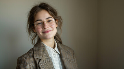 Wall Mural - A woman wearing glasses and a plaid jacket is smiling