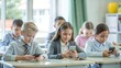 © Htet Wai Phyo - Focused 3 schoolchildren using cellphones  in school classroom interior during break, copy space