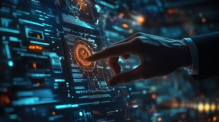 a businessman touches the workings of stock (ai) in a futuristic business and codes software for net