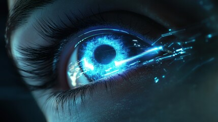 Detailed eye with a beam of blue light cutting through the center, digital cyber futuristic theme