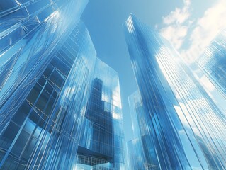 Fototapete - Low angle view of modern glass skyscrapers against a clear blue sky.