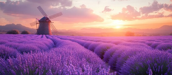 Sticker - A picturesque view of a windmill standing in a field of purple lavender blossoms at sunset.