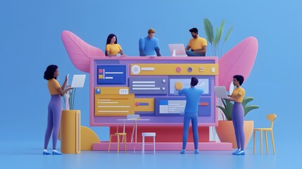 Web UI UX Design Teamwork concept 3D illustration. Team People Building Creating website User interface Front view. 