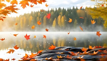 Wall Mural - Serene autumn landscape with falling leaves and a tranquil lake nestled in a peaceful forest