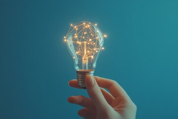 Poster - Hand holding a glowing lightbulb with a network of lights inside against a blue background.