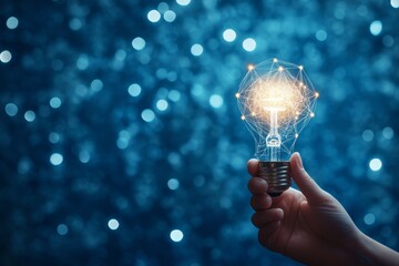 Poster - A hand holding a glowing lightbulb with a network of lines and dots inside, against a blue bokeh background.