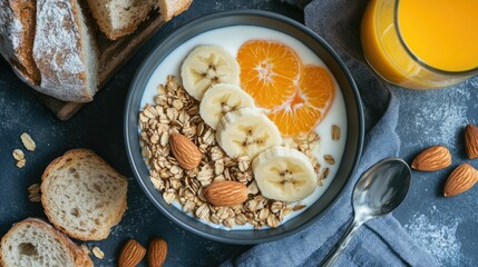 Flat lay of a healthy breakfast with a bowl of Greek yogurt, banana slices, granola, and almonds, served with orange juice and bread.