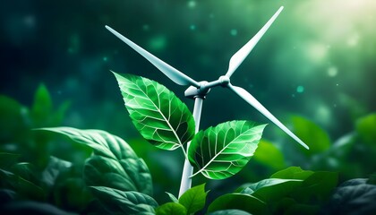 Wall Mural - Leaves intertwining to create a wind turbine, symbolizing the essence of renewable energy and sustainability