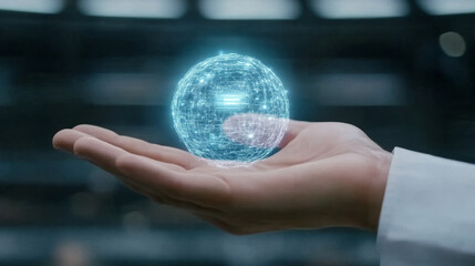 A hand holds a glowing blue sphere, representing data and innovation.