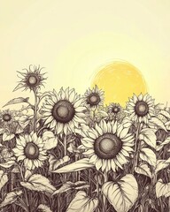 Wall Mural - of a Hand Drawn Aesthetic Sunflower Field under the Warm Summer Sun