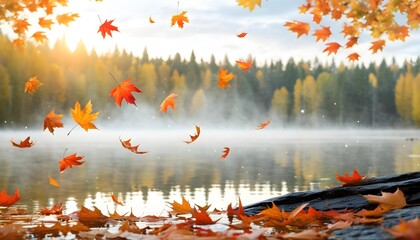 Wall Mural - Serene autumn landscape with falling leaves and a tranquil lake nestled in a peaceful forest