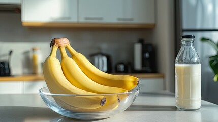 Wall Mural - Fresh bananas stacked in a glass bowl with a bottle of milk next to them, against a minimalist kitchen counter.