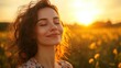 © Johannes - Backlit Portrait of calm happy smiling free woman with closed eyes enjoys a beautiful moment life on the fields at sunset