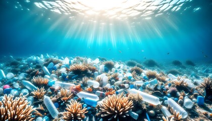 Wall Mural - Marine habitat destruction illustrated by coral reef entangled in plastic debris