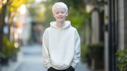 Happy Teenage Boy with Albinism Smiling in Casual Hoodie Outdoors Diversity and Inclusivity Concept for Stock Photography