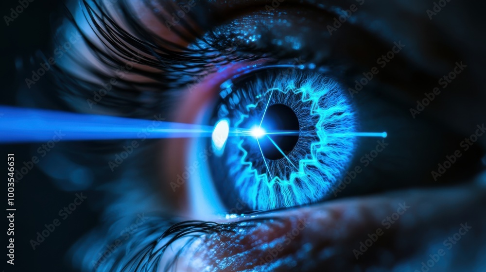Futuristic closeup of a blue digital light beam shining across a human ...