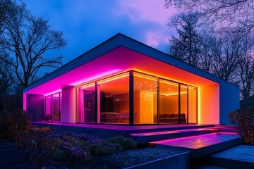 Wall Mural - Modern house with colorful LED lights at dusk.