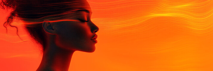 Wall Mural - A woman's profile with her eyes closed against a fiery orange background.