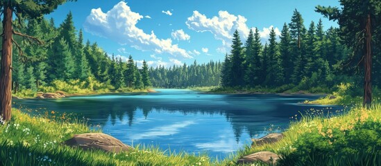 Wall Mural - a serene lake surrounded by lush green forest under a clear blue sky with white clouds.