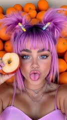 Sticker - A woman with purple hair holding an apple in front of a pile of oranges