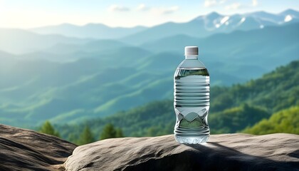 Wall Mural - Nature-inspired mineral glass water bottle on a rock with majestic mountains in the background, creating a tranquil outdoor scene and ample copy space