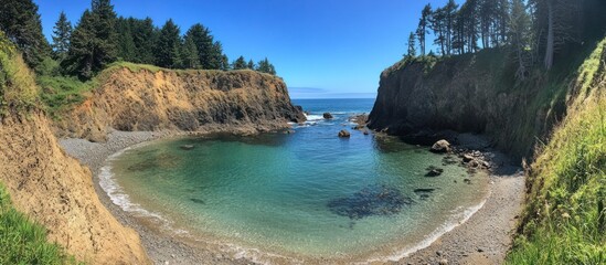 Wall Mural - A secluded cove with clear blue water surrounded by rocky cliffs and lush green trees under a bright blue sky.