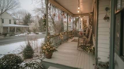 Poster - A porch covered in christmas lights and garlands