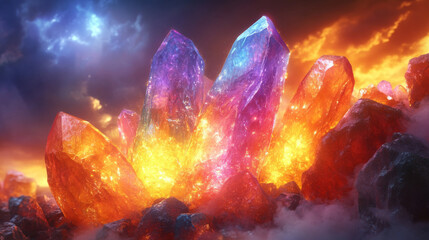 Sticker - Crystals glow with a fiery intensity against a dramatic sky.