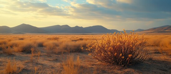 Wall Mural - a single bush stands out in a vast desert landscape, with mountains in the background and a soft, go