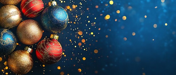 Wall Mural - festive new year celebration banner with colorful christmas balls and sparkling decorations