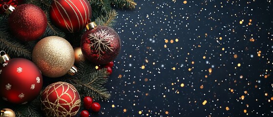 Wall Mural - festive new year celebration banner with colorful christmas balls and sparkling decorations