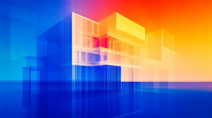 Wall Mural - Abstract glass building with blue, orange, and red hues.