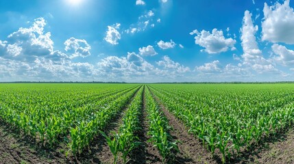 Panoramic view of a lush green corn field plantation stretching toward the horizon under a bright blue sky, showing the growth of the crops.