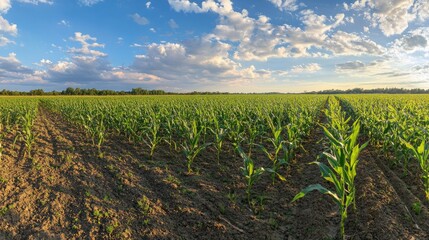 Panoramic view of a vast corn field plantation, with tall green stalks growing under a bright summer sky, capturing the essence of agriculture.