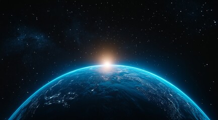 Wall Mural - a beautiful view of earth from space with stars and a sunrise.
