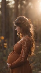 Canvas Print - A pregnant woman standing in a forest at sunset