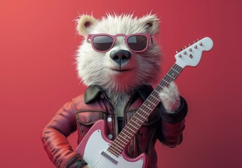 A furry white animal wearing pink sunglasses and a red leather jacket plays an electric guitar.