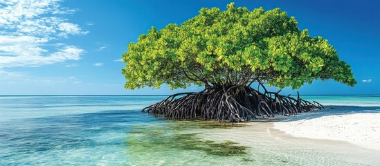 Wall Mural - A single tree with exposed roots growing on a white sandy beach by a clear blue ocean under a bright sunny sky.