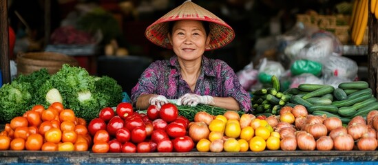 Sticker - A smiling woman in a conical hat selling fresh vegetables at a market stall.