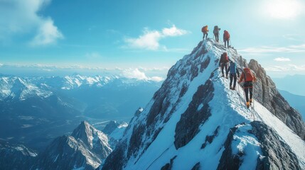 group of team people helping work on peak mountain climbing teamwork , travel trekking winner succes