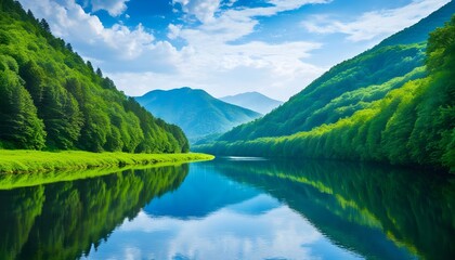 Canvas Print - Tranquil riverside scene embraced by vibrant forests and majestic mountains under a clear blue sky, ideal for nature and travel enthusiasts.