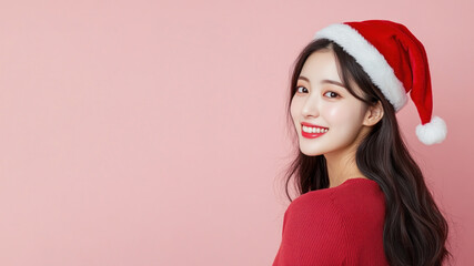 Canvas Print - Korean woman smiling in christmas wear and santa claus hat isolated on pastel