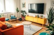 © adri - Modern living room with orange sofa, yellow cabinet, and a large TV.