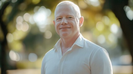 Wall Mural - Portrait of a MiddleAged Albino Man in White Shirt Outdoors in Sunlit Park, Ideal for Diversity and Inclusion Concepts