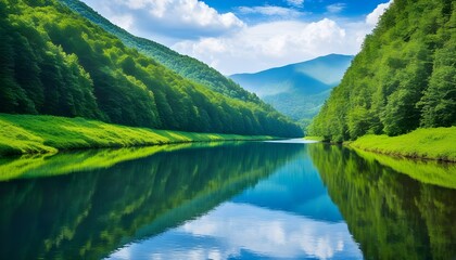 Canvas Print - Tranquil riverside scene embraced by vibrant forests and majestic mountains under a clear blue sky, ideal for nature and travel enthusiasts.