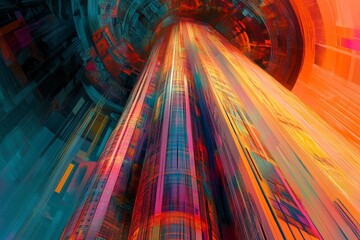 Poster - Futuristic skyscraper set against a bold, abstract scene of neon hues and intricate shapes.