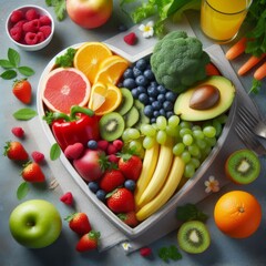 Nutritional foods for heart health, Fresh fruits and vegetables in a heart-shaped dish