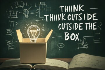 Poster - Open box with light bulb inside on wooden desk with open book and green chalkboard with the message think outside the box.