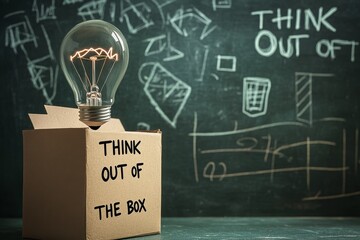 Poster - A lit light bulb sits on top of an open cardboard box with 