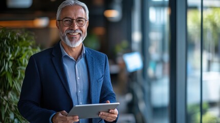 Middle-aged HR manager with a joyful expression, holding a tablet and standing in a